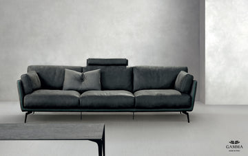 Black leather Ralph 3 seater sofa with sleek geometrical contours filled with soft volumes and accentuated by next-generation titanium feet.