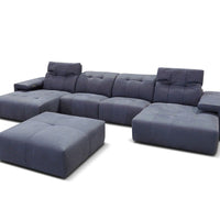 Light purple Arcadia leather sectional with battery operated motion that consists of a Left and a Right reclining chaise, 2 armless reclining head and foot chairs and correlating 34” square ottoman.