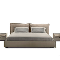 King Size Leather bed in grey color with a soft headboard, front view with two leather nightstands.