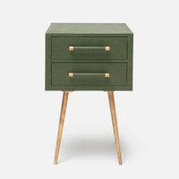 Alene Nightstand in green color with two drawers and tapered metal legs.