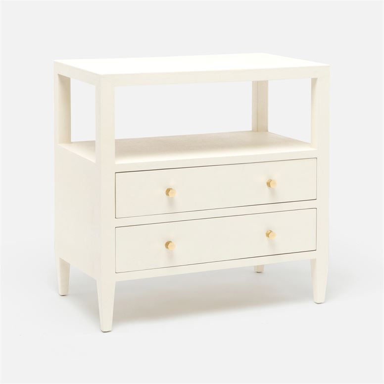 The Jarin's classic nightstand in white color with two drawers and an open-air shelf.