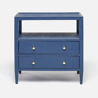 The Jarin's classic nightstand in blue color with two drawers and an open-air shelf.