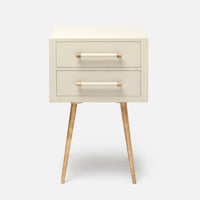 Alene Nightstand in white color with two drawers and tapered metal legs.