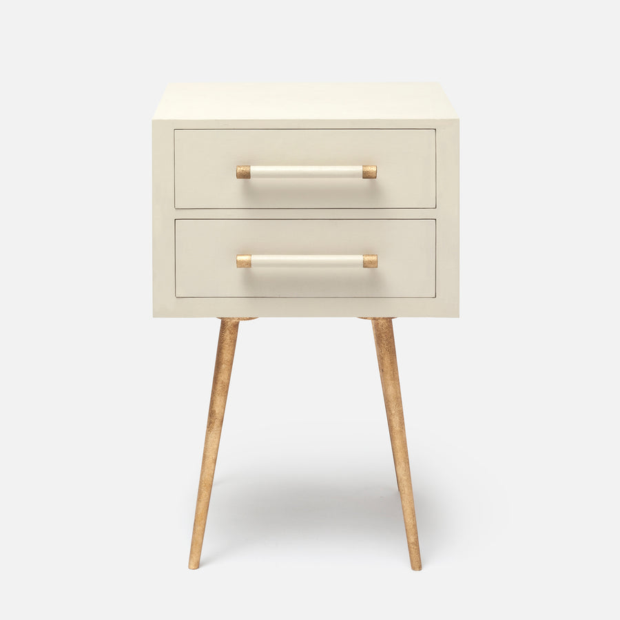 Alene Nightstand in white color with two drawers and tapered metal legs.