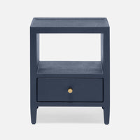 The Jarin's classic nightstand in blue color with one drawer and an open-air shelf.