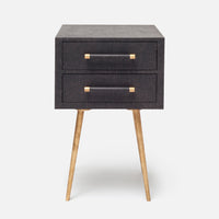 Alene Nightstand in black color with two drawers and tapered metal legs.