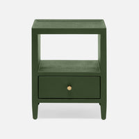The Jarin's classic nightstand in green color with one drawer and an open-air shelf.