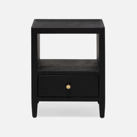 The Jarin's classic nightstand in black color with one drawer and an open-air shelf.