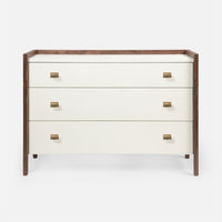 Kennedy Dresser 48" in white color and with three big drawers, front view. Covered in vintage faux shagreen and framed by a raised veneer border.