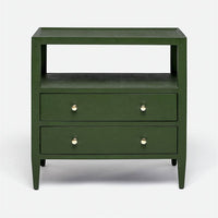 The Jarin's classic nightstand in green color with two drawers and an open-air shelf.