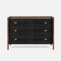 Kennedy Dresser 48" in black color and with three big drawers, front view. Covered in vintage faux shagreen and framed by a raised veneer border.