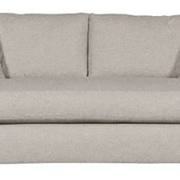 Light grey two seat Wynne Stocked Sofa with curved back and front and single seat cushion and 2 back pillows. Front view.