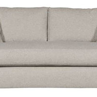 Light grey two seat Wynne Stocked Sofa with curved back and front and single seat cushion and 2 back pillows. Front view.