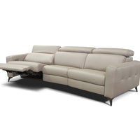 Beige leather 3 seater sofa consisting of left hand maxi recliner, right hand facing maxi recliner each and one armless chair maxi recliner. Side front view with let side reclined.