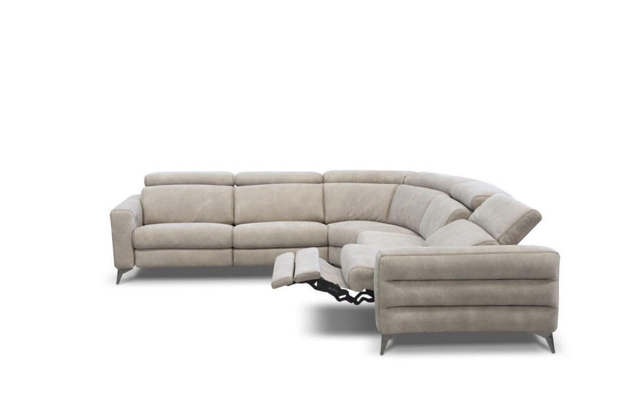 Ash Ermes sectional with channel tailoring on the outside arm and perimeter stitching feature on the arms, bronze metal legs, and battery operated reclining mechanism. Side view.