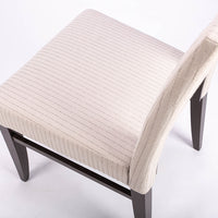 Blues Side Chair in white color fabric and dark legs, with open back, closed up top view.