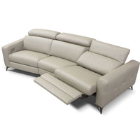 Beige leather 3 seater sofa consisting of left hand maxi recliner, right hand facing maxi recliner each and one armless chair maxi recliner. Side front view with right side reclined.