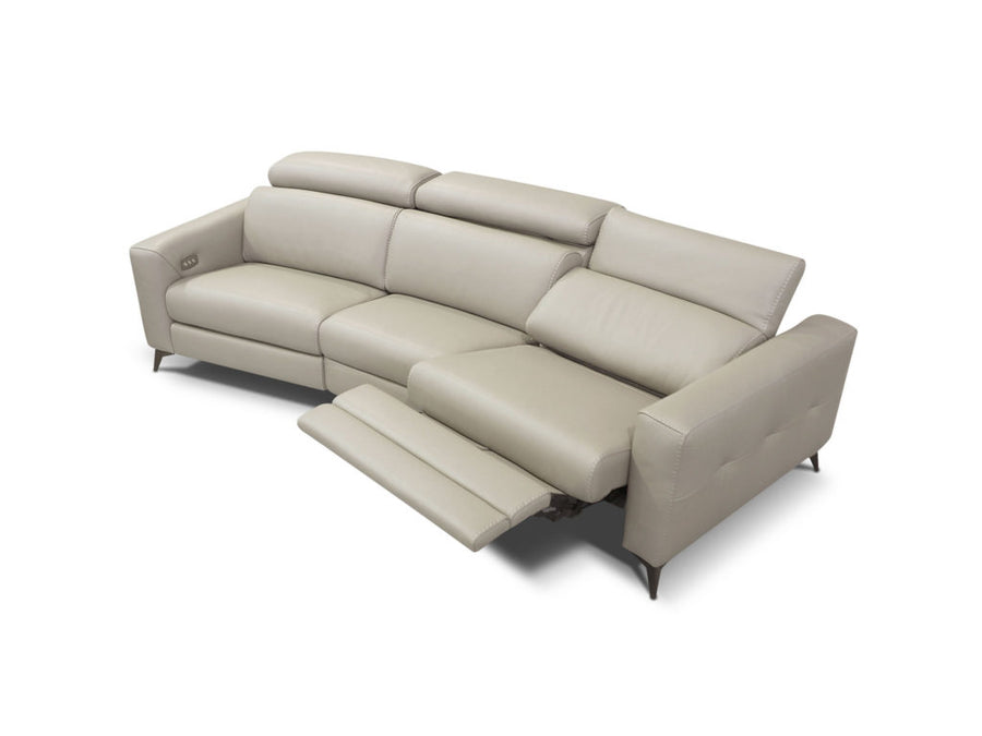Beige leather 3 seater sofa consisting of left hand maxi recliner, right hand facing maxi recliner each and one armless chair maxi recliner. Side front view with right side reclined.