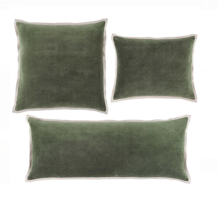 Three green Gehry Decorative Lumbar Pillows edged with a grounding natural linen flange.
