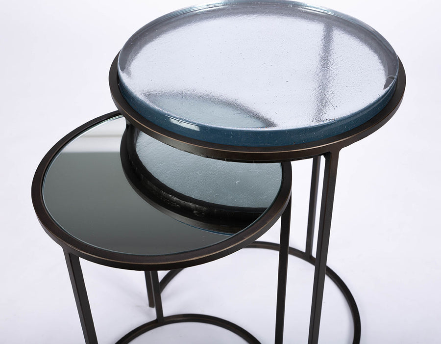 Carolina Nesting two side tables with glass top and hand forged steel.