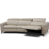 Beige leather 3 seater sofa consisting of left hand maxi recliner, right hand facing maxi recliner each and one armless chair maxi recliner. Front view with right side reclined.
