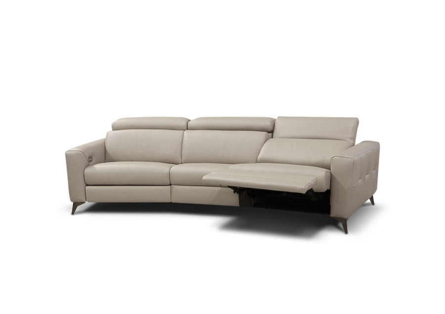 Beige leather 3 seater sofa consisting of left hand maxi recliner, right hand facing maxi recliner each and one armless chair maxi recliner. Front view with right side reclined.