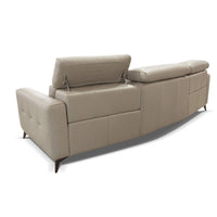 Beige leather 3 seater sofa consisting of left hand maxi recliner, right hand facing maxi recliner each and one armless chair maxi recliner. Back view.