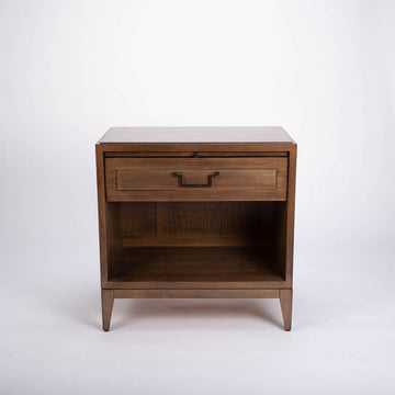 Wooden Jones Side Table with one drawer and storage space under it. Front view.