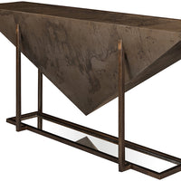 Braga Console with abstract metal finish, shaped like a reversed pyramid.