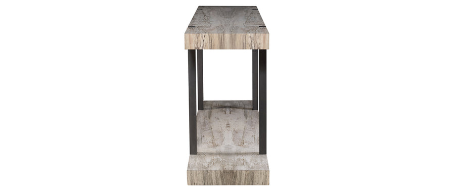 Trabe Console with Bleached Spalted Primavera and gunmetal frame, side view.