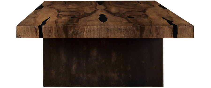 Rectangular Noma Dining Table with dark brown wooden base and a solid tree featured top texture. Side view.
