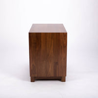 Sloane solid walnut 2 Draw Nightstand. The drawers are constructed of hardwood, dovetailed sides and bottoms and finished in the Green Guard certified finish, side view.