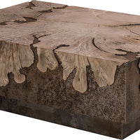 Milpa Vuelto Cocktail Table with artistic combination of burnished metal and exotic reclaimed south American wood species.