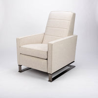 A white fabric Tate recliner lounge chair with stainless steel base, front and side view.