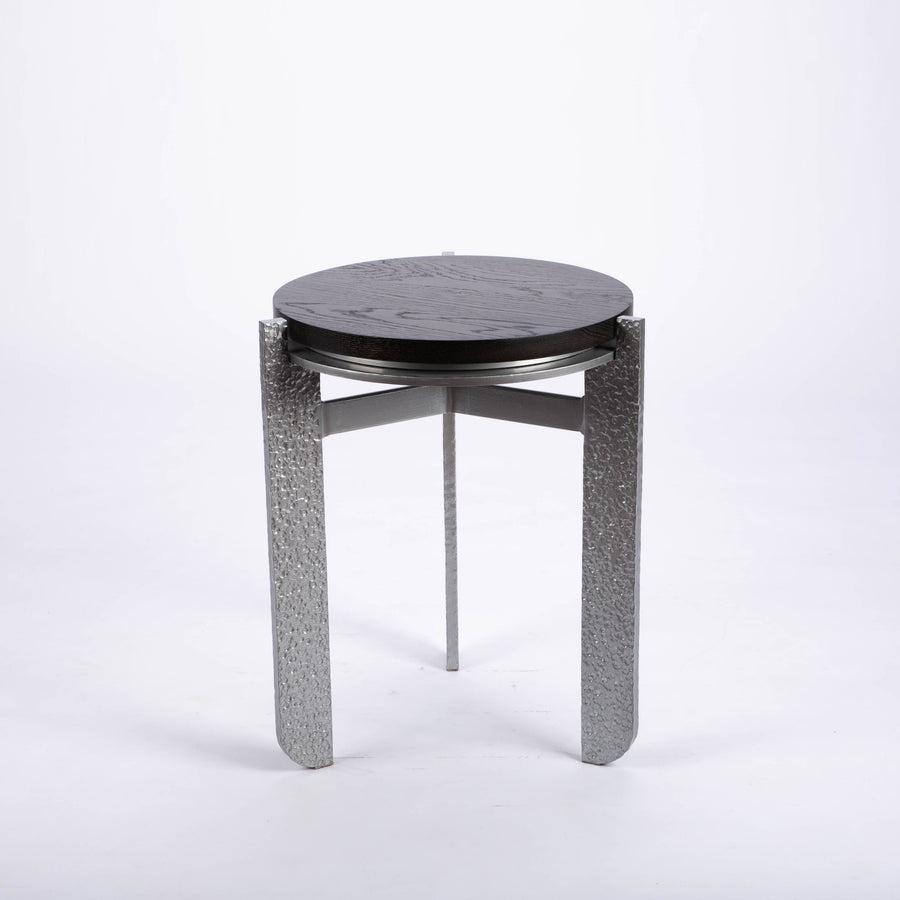 Ashford Drink side table with wooden top and hand hammered metal base.