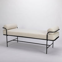 White Belvedere Bench with forged steel found on the legs, arms, and perimeter of seating area.