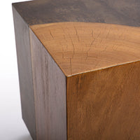 Kobe Low cube side table with wooden look made from ollection of organic designed metal and “Toasted Yukas” wood species from South America. Closed up view of the top and sides.