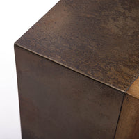Kobe Low cube side table with wooden look made from ollection of organic designed metal and “Toasted Yukas” wood species from South America. Closed up view of the top and sides.