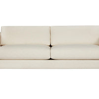 White two seat Benedict sofa with clean lines and sleek metal legs. Front view.