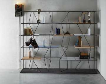 Lexington Bookcase crafted from lacquered metal and Italian engineering with leather clad accessory components.