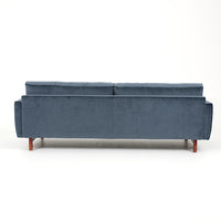 Blue two seat Carmet sofa by American Leather with modernist track arms that taper in from the top of the sofa to the bottom. Back view.