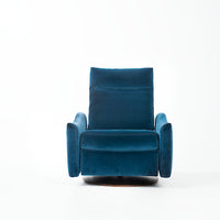 A blue leather Ontario modern rocking recliner chair.