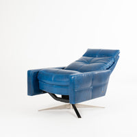 A reclined blue leather recliner chair with four star base, side and front view.
