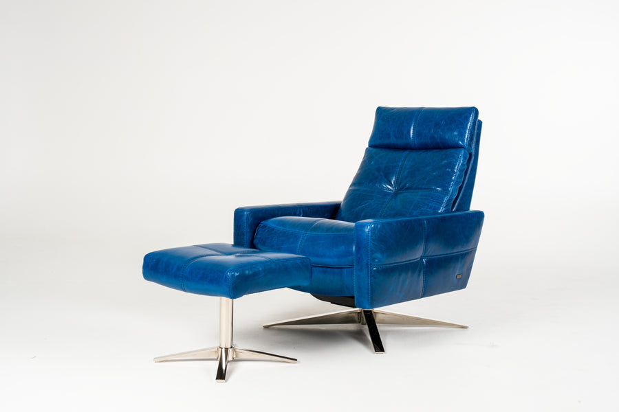 A blue leather recliner chair with four star base and ottoman, side and front view.
