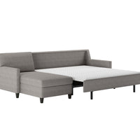 American Leather Conley Two Seat Comfort Sofa Bed in grey color with square tapered wooden legs, side view, pulled-out.