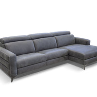 Grey Ermes leather sofa with power mechanism and touchpad that individually controls headrest and footrest.