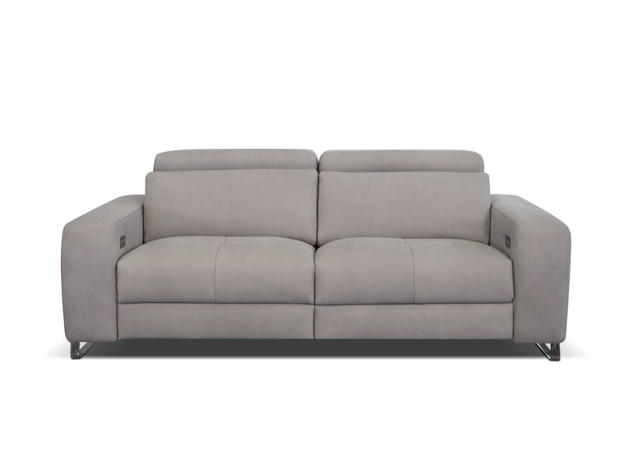 Beige leather Focus sofa with medium soft seat with stitching detail and metal detail on the outside arm. Front view. 