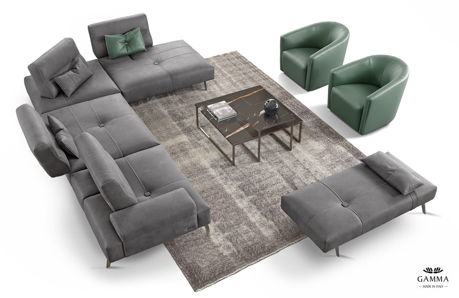Ottoman, two green chairs, and modular leather Smart sofa with shifting mechanism which can be applied to any backrest, including the corner section. Placed in a modern living room.