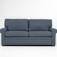 American Leather Gibbs Two Seat Standard (Queen) Comfort Sofa bed in indigo color with high tapered wood legs, front view.