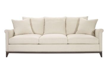 White three seat Jules sofa with narrow sloping tapered Lawson arm with pleat.